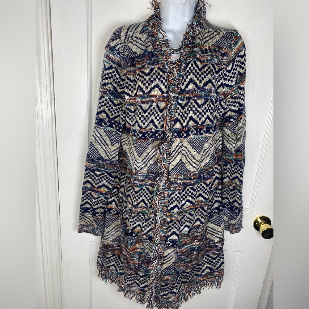 new directions Multicolor Fringe Open Front Cardigan - Cream, Navy, Brown, Teal